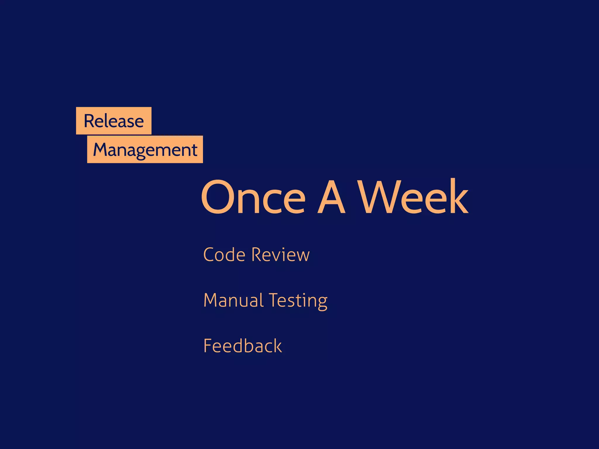 Management
Release
Once A Week
Code Review
Manual Testing
Feedback
 