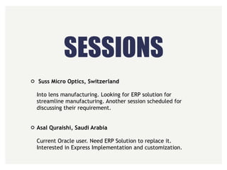 SESSIONS
Suss Micro Optics, Switzerland 
 
Into lens manufacturing. Looking for ERP solution for
streamline manufacturing....