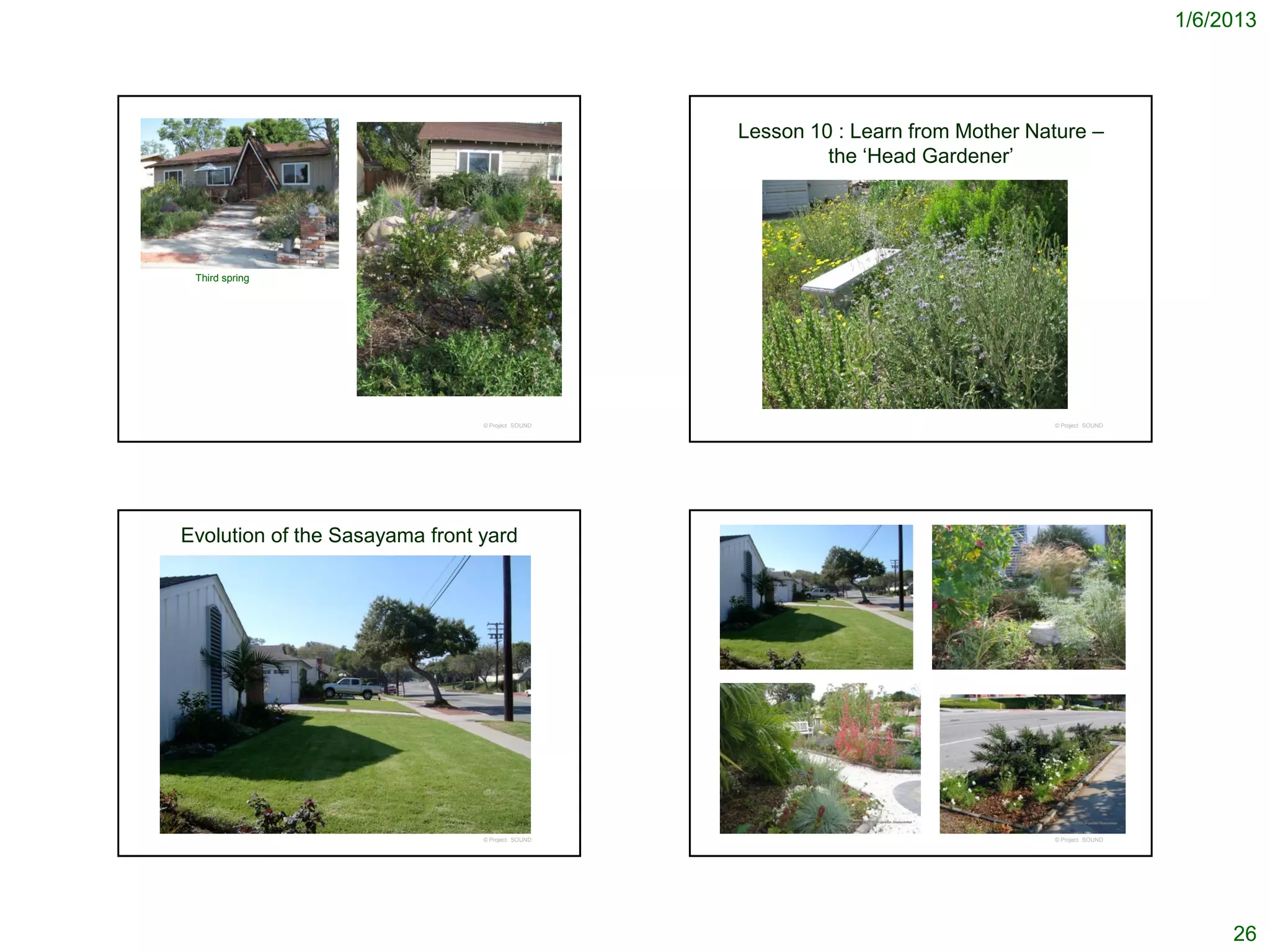 1/6/2013




                                                  Lesson 10 : Learn from Mother Nature –
                                                           the ‘Head Gardener’




 Third spring




                                © Project SOUND                                   © Project SOUND




Evolution of the Sasayama front yard




                                © Project SOUND                                   © Project SOUND




                                                                                                         26
 