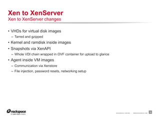 Xen to XenServer
Xen to XenServer changes

•  VHDs for virtual disk images
 –  Tarred and gzipped
•  Kernel and ramdisk inside images
•  Snapshots via XenAPI
 –  Whole VDI chain wrapped in OVF container for upload to glance
•  Agent inside VM images
 –  Communication via Xenstore
 –  File injection, password resets, networking setup




                                                                    RACKSPACE® HOSTING   |   WWW.RACKSPACE.COM
                                                                                                                 10
 