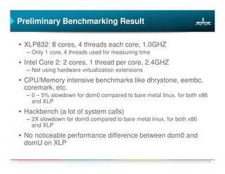 Preliminary Benchmarking Result

• XLP832: 8 cores, 4 threads each core, 1.0GHZ
  – Only 1 core, 4 threads used for measuring time
• Intel Core 2: 2 cores, 1 thread per core, 2.4GHZ
  – Not using hardware virtualization extensions
• CPU/Memory intensive benchmarks like dhrystone, eembc,
  coremark, etc.
  – 0 – 5% slowdown for dom0 compared to bare metal linux, for both x86
    and XLP
• Hackbench (a lot of system calls)
  – 2X slowdown for dom0 compared to bare metal linux, for both x86
    and XLP
• No noticeable performance difference between dom0 and
  domU on XLP

                                                                          20
 