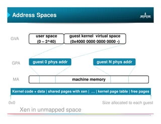Address Spaces


              user space         guest kernel virtual space
GVA
               (0 – 2^40)        (0x4000 0000 0000 0000 -)




 GPA        guest 0 phys addr                    guest N phys addr



  MA                               machine memory

 Kernel code + data | shared pages with xen | … | kernel page table | free pages


0x0                                                 Size allocated to each guest
       Xen in unmapped space
                                                                                   8
 