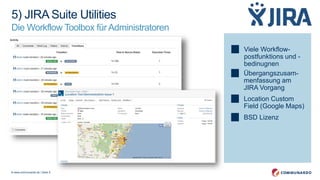 © www.communardo.de | Seite 5
5) JIRA Suite Utilities
Die Workflow Toolbox für Administratoren
Viele Workflow-
postfunktions und -
bedinugnen
Übergangszusam-
menfassung am
JIRA Vorgang
Location Custom
Field (Google Maps)
BSD Lizenz
 