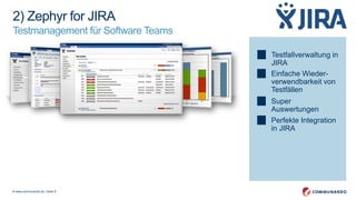 © www.communardo.de | Seite 8
Testfallverwaltung in
JIRA
Einfache Wieder-
verwendbarkeit von
Testfällen
Super
Auswertungen
Perfekte Integration
in JIRA
2) Zephyr for JIRA
Testmanagement für Software Teams
 