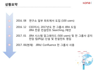 상황요약
2016. 08 연구소 일부 파트에서 도입 (100 users)
2016. 12 CEO지시, 2017년도 전 그룹사 JIRA 도입
JIRA 전문 컨설턴트 Searching /제안
2017. 01 JIRA 시스템 업그레이드 (500 users) 및 전 그룹사 공지
전담 팀(PI실) 신설 및 컨설턴트 영입
2017. 06(현재) JIRA/ Confluence 전 그룹사 사용
 