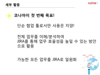 세부 활동
코나아이 첫 번째 목표!
단순 협업 툴로서만 사용은 지양!
전체 업무를 이해/분석하여
JIRA를 통해 업무 효율성을 높일 수 있는 방안
으로 활용
가능한 모든 업무를 JIRA로 일원화
 