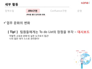  업무 문화의 변화
[ Tip! ] 팀원들에게는 To do List의 장점을 부각 – 대시보드
‘자발적 고성과 문화’의 실천 도구로서 접근!
나의 일은 내가 스스로 관리한다!
세부 활동
정책수립 JIRA구현 Confluence구현 운영
JIRA를 통한 업무문화 변화
 