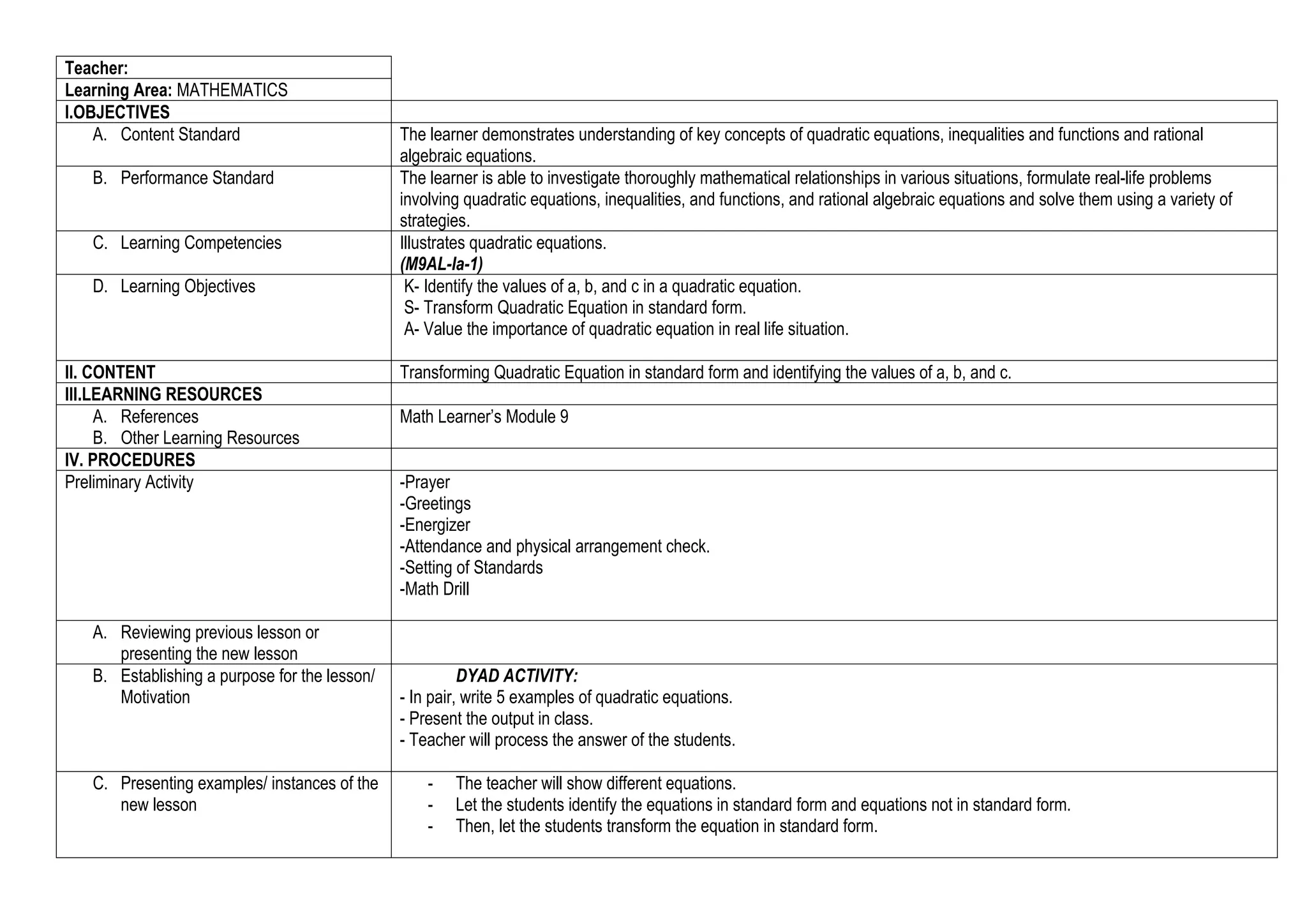lesson plan in math 9- detailed lesson plan | DOCX