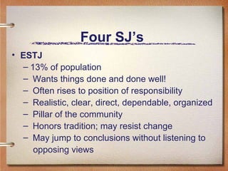 Four SJ’s  ESTJ 13% of population Wants things done and done well! Often rises to position of responsibility Realistic, clear, direct, dependable, organized  Pillar of the community Honors tradition; may resist change May jump to conclusions without listening to  opposing views  