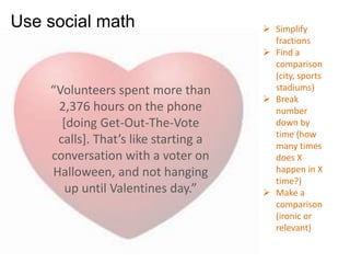 “Volunteers spent more than
2,376 hours on the phone
[doing Get-Out-The-Vote
calls]. That’s like starting a
conversation with a voter on
Halloween, and not hanging
up until Valentines day.”
 Simplify
fractions
 Find a
comparison
(city, sports
stadiums)
 Break
number
down by
time (how
many times
does X
happen in X
time?)
 Make a
comparison
(ironic or
relevant)
Use social math
 