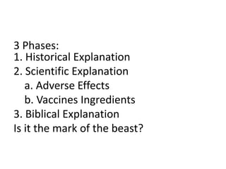 3 Phases:
1. Historical Explanation
2. Scientific Explanation
a. Adverse Effects
b. Vaccines Ingredients
3. Biblical Explanation
Is it the mark of the beast?
 