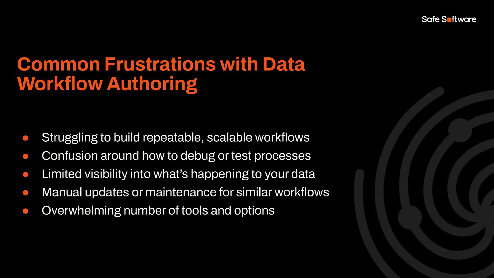 Common Frustrations with Data
Workﬂow Authoring
● Struggling to build repeatable, scalable workﬂows
● Confusion around how to debug or test processes
● Limited visibility into what’s happening to your data
● Manual updates or maintenance for similar workﬂows
● Overwhelming number of tools and options
 