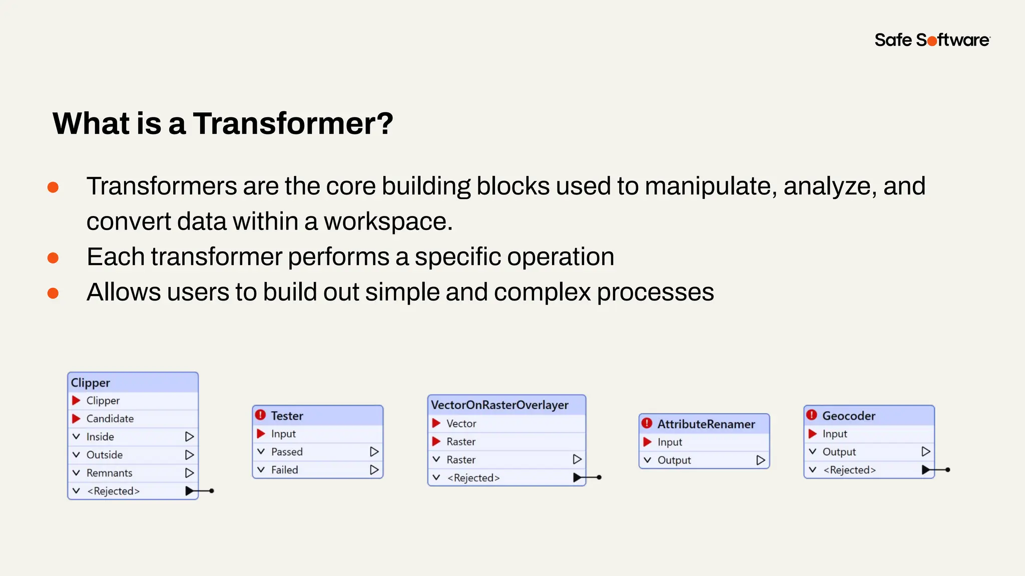 ● Transformers are the core building blocks used to manipulate, analyze, and
convert data within a workspace.
● Each transformer performs a speciﬁc operation
● Allows users to build out simple and complex processes
What is a Transformer?
 