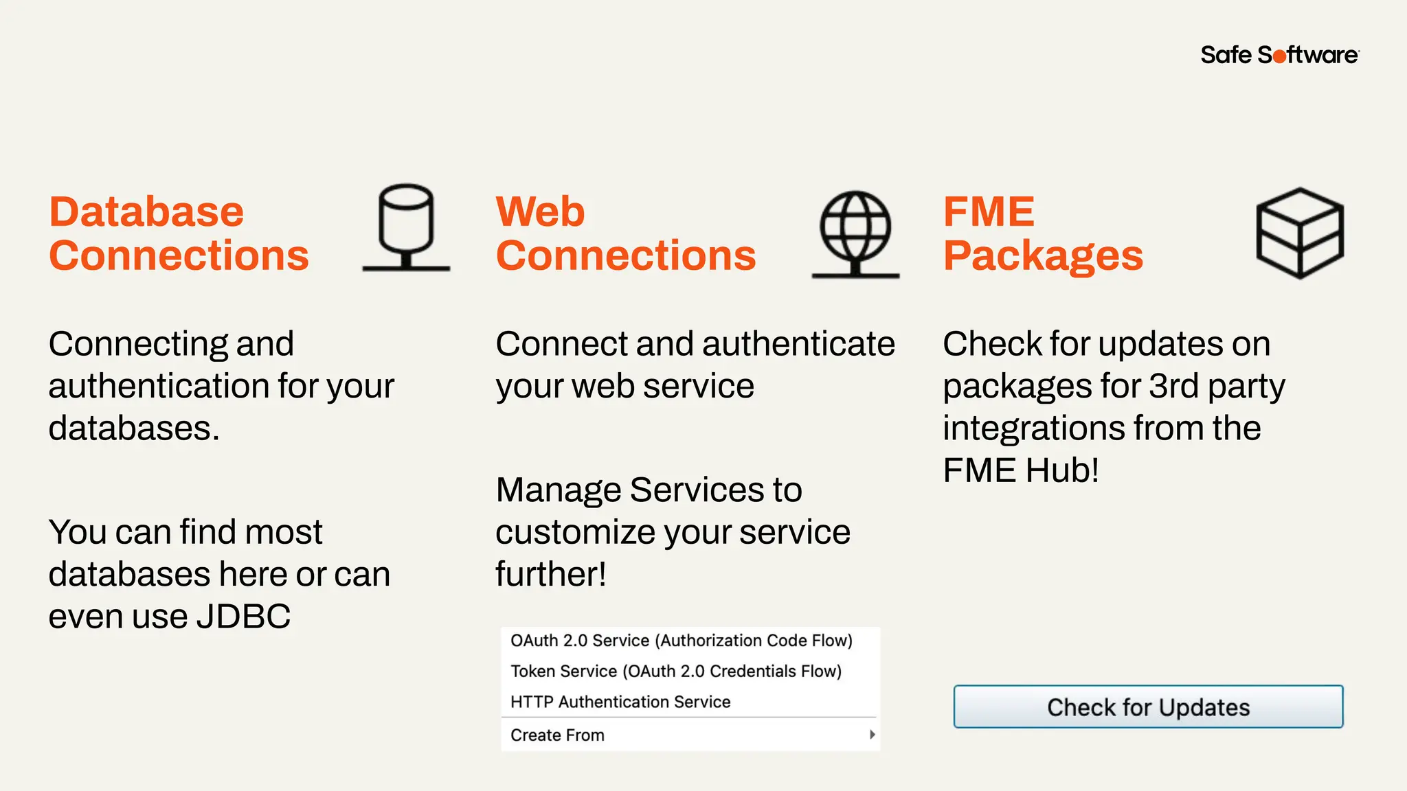 Connecting and
authentication for your
databases.
You can ﬁnd most
databases here or can
even use JDBC
Database
Connections
Web
Connections
Connect and authenticate
your web service
Manage Services to
customize your service
further!
FME
Packages
Check for updates on
packages for 3rd party
integrations from the
FME Hub!
 