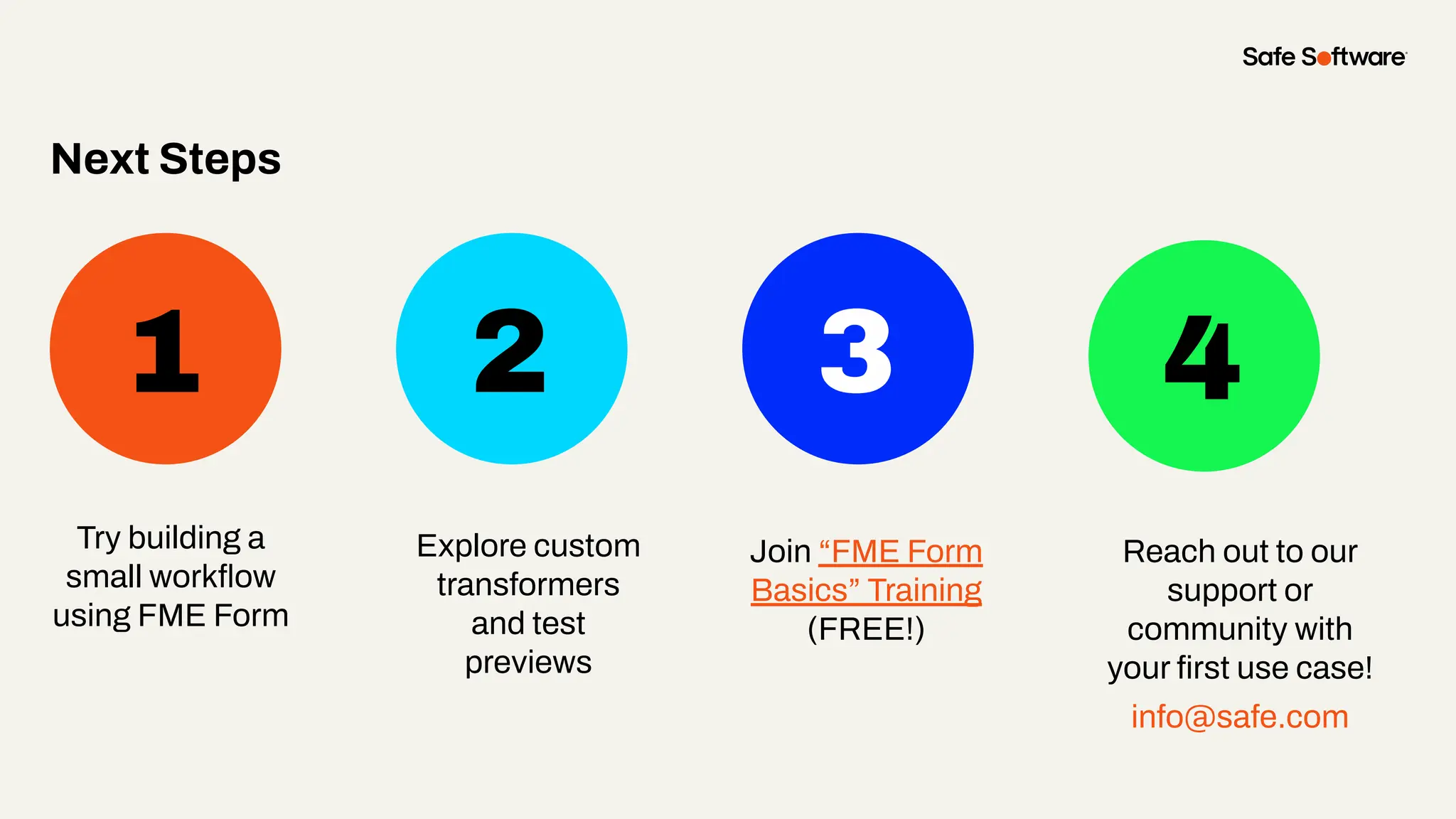 1 2 3 4
Next Steps
Try building a
small workﬂow
using FME Form
Explore custom
transformers
and test
previews
Join “FME Form
Basics” Training
(FREE!)
Reach out to our
support or
community with
your ﬁrst use case!
info@safe.com
 