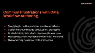 Common Frustrations with Data
Workﬂow Authoring
● Struggling to build repeatable, scalable workﬂows
● Confusion around how to debug or test processes
● Limited visibility into what’s happening to your data
● Manual updates or maintenance for similar workﬂows
● Overwhelming number of tools and options
 