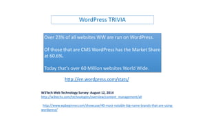 WordPress TRIVIA
Over 23% of all websites WW are run on WordPress.
Of those that are CMS WordPress has the Market Share
at 60.6%.
Today that's over 60 Million websites World Wide.
http://en.wordpress.com/stats/
W3Tech Web Technology Survey: August 12, 2014
http://w3techs.com/technologies/overview/content_management/all
http://www.wpbeginner.com/showcase/40-most-notable-big-name-brands-that-are-using-
wordpress/
 