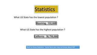 Statistics
What US State has the lowest population ?
What US State has the highest population ?
Wyoming - 532,668
California - 36,756,666
Back to those Statistics: Some facts you may not know about WP
 