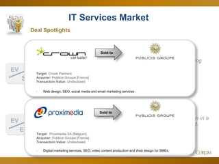 19 
IT Services Market 
0.74x 
8.8x 
Deal Spotlights 
EV 
Sales 
Corum Analysis 
EV 
EBITDA 
Since Q2 
Volatile and tactically driven in a choppy market. 
Multiples holding steady at two- year high. 
July 2014 
Sold to 
Target: Crown Partners 
Acquirer: Publicis Groupe [France] 
Transaction Value: Undisclosed 
-Web design, SEO, social media and email marketing services . 
Sold to 
Target: Proximedia SA [Belgium] Acquirer: Publicis Groupe [France] Transaction Value: Undisclosed 
-Digital marketing services, SEO, video content production and Web design for SMEs.  