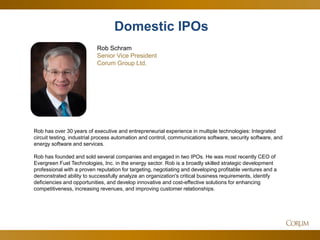 37 
Domestic IPOs 
Rob has over 30 years of executive and entrepreneurial experience in multiple technologies: Integrated circuit testing, industrial process automation and control, communications software, security software, and energy software and services. Rob has founded and sold several companies and engaged in two IPOs. He was most recently CEO of Evergreen Fuel Technologies, Inc. in the energy sector. Rob is a broadly skilled strategic development professional with a proven reputation for targeting, negotiating and developing profitable ventures and a demonstrated ability to successfully analyze an organization's critical business requirements, identify deficiencies and opportunities, and develop innovative and cost-effective solutions for enhancing competitiveness, increasing revenues, and improving customer relationships. 
Rob Schram Senior Vice President 
Corum Group Ltd.  