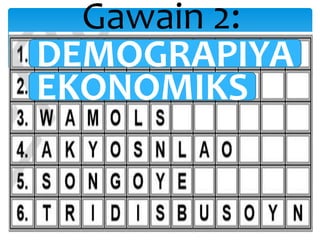 Gawain 2:
DEMOGRAPIYA
EKONOMIKS
 
