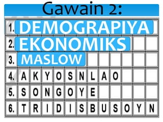 Gawain 2:
DEMOGRAPIYA
EKONOMIKS
MASLOW
 