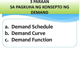 3 PARAAN
SA PAGKUHA NG KONSEPTO NG
DEMAND
a. Demand Schedule
b. Demand Curve
c. Demand Function
 
