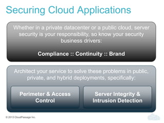 © 2013 CloudPassage Inc.
Securing Cloud Applications
Whether in a private datacenter or a public cloud, server
security is your responsibility, so know your security
business drivers:
Compliance :: Continuity :: Brand
Architect your service to solve these problems in public,
private, and hybrid deployments, specifically:
Perimeter & Access
Control
Server Integrity &
Intrusion Detection
 