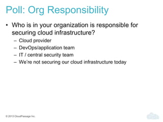 © 2013 CloudPassage Inc.
Poll: Org Responsibility
• Who is in your organization is responsible for
securing cloud infrastructure?
– Cloud provider
– DevOps/application team
– IT / central security team
– We’re not securing our cloud infrastructure today
 