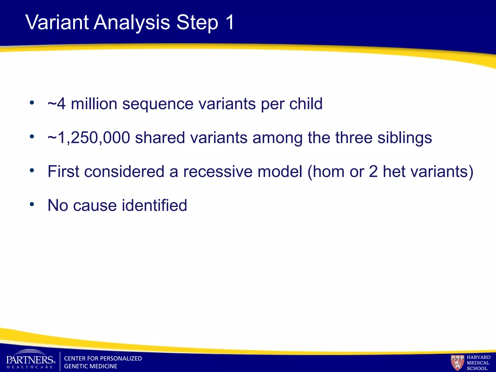 Variant Analysis Step 1
• ~4 million sequence variants per child
• ~1,250,000 shared variants among the three siblings
• First considered a recessive model (hom or 2 het variants)
• No cause identified
 