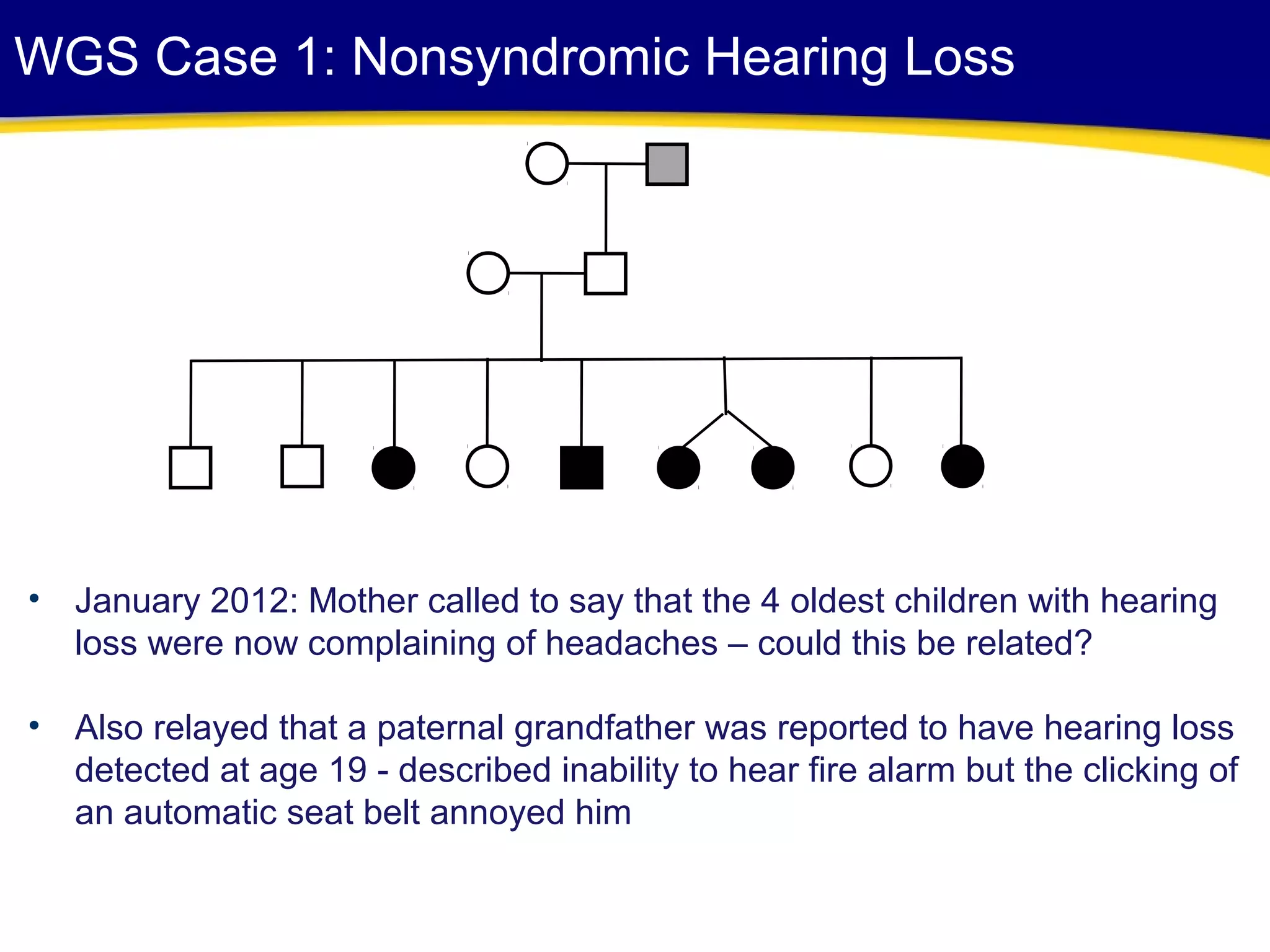 WGS Case 1: Nonsyndromic Hearing Loss
• January 2012: Mother called to say that the 4 oldest children with hearing
loss were now complaining of headaches – could this be related?
• Also relayed that a paternal grandfather was reported to have hearing loss
detected at age 19 - described inability to hear fire alarm but the clicking of
an automatic seat belt annoyed him
 