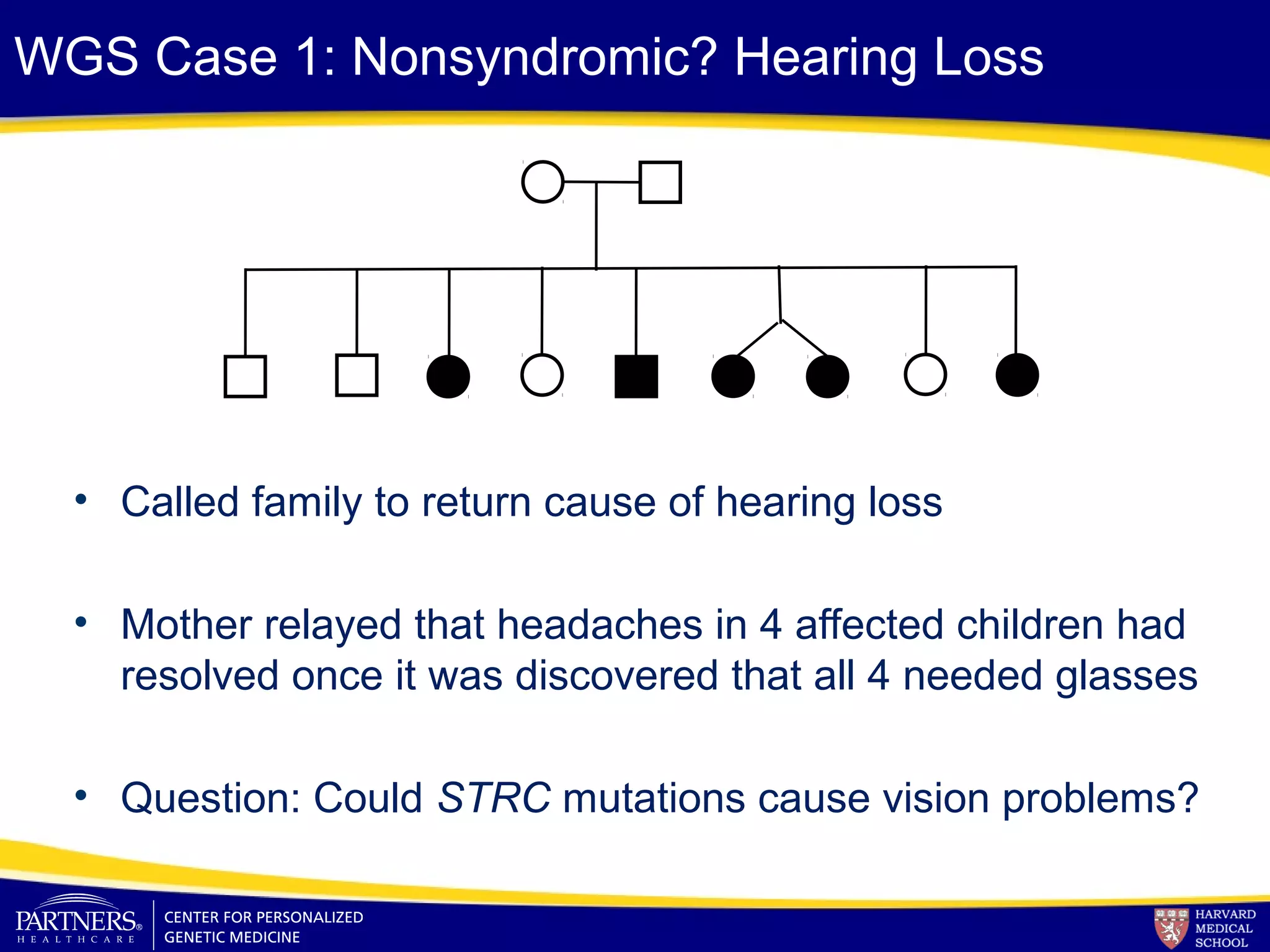 WGS Case 1: Nonsyndromic? Hearing Loss
• Called family to return cause of hearing loss
• Mother relayed that headaches in 4 affected children had
resolved once it was discovered that all 4 needed glasses
• Question: Could STRC mutations cause vision problems?
 