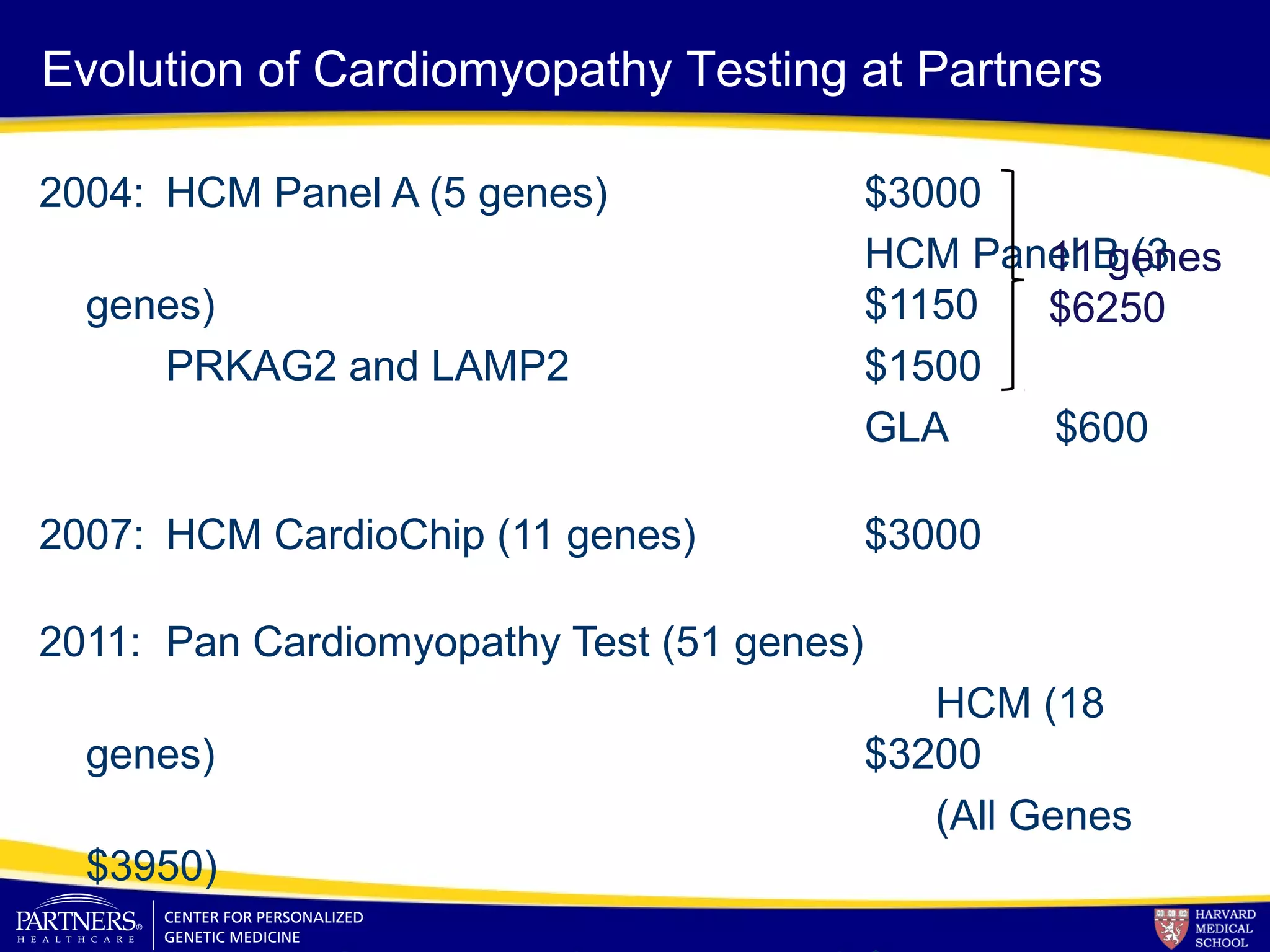 2004: HCM Panel A (5 genes) $3000
HCM Panel B (3
genes) $1150
PRKAG2 and LAMP2 $1500
GLA $600
2007: HCM CardioChip (11 genes) $3000
2011: Pan Cardiomyopathy Test (51 genes)
HCM (18
genes) $3200
(All Genes
$3950)
Evolution of Cardiomyopathy Testing at Partners
11 genes
$6250
 