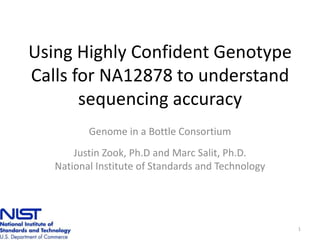 Using Highly Confident Genotype
Calls for NA12878 to understand
sequencing accuracy
Genome in a Bottle Consortium
Justin Zook, Ph.D and Marc Salit, Ph.D.
National Institute of Standards and Technology
1
 