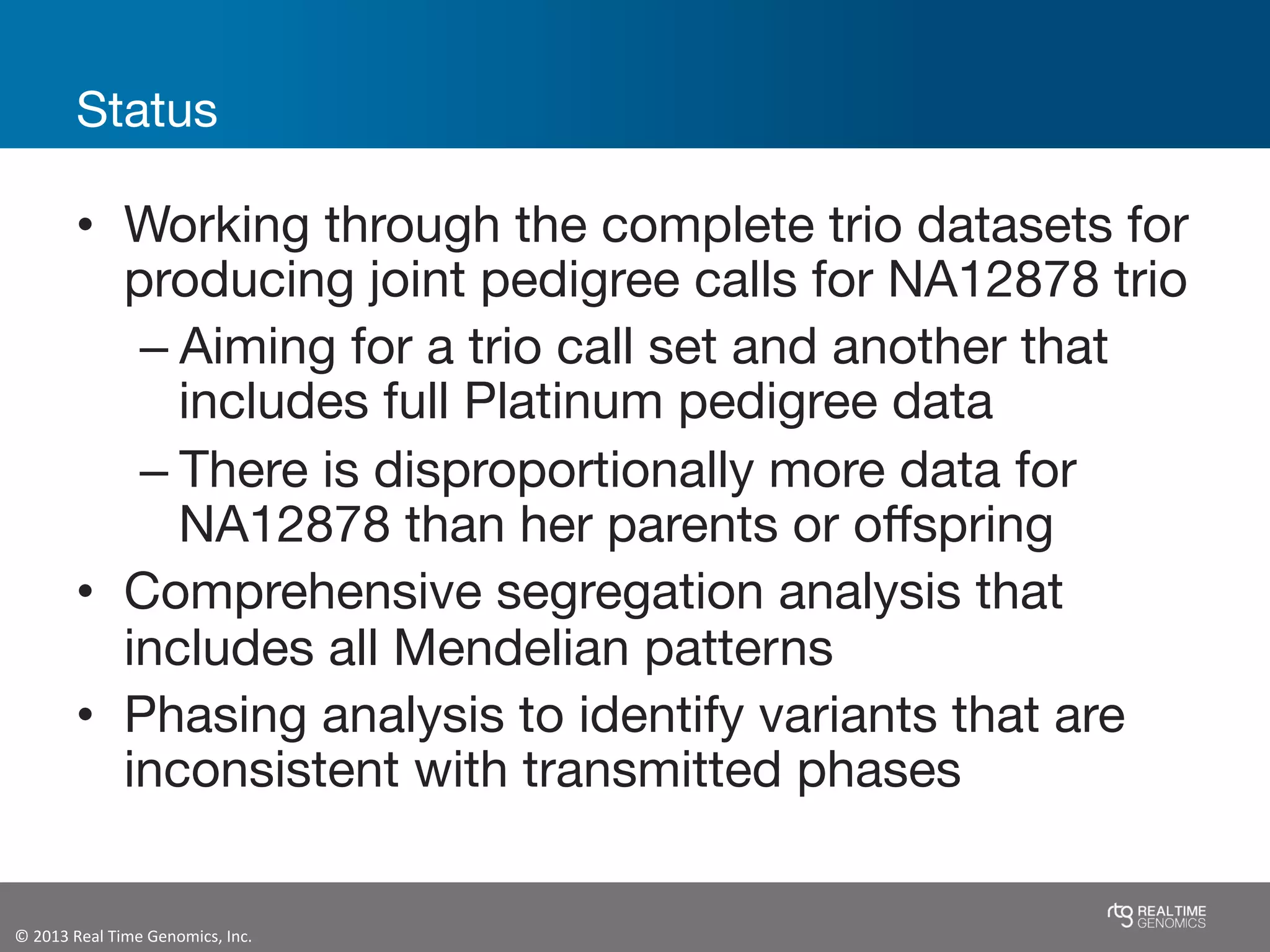 ©	
  2013	
  Real	
  Time	
  Genomics,	
  Inc.	
  	
  
Status
•  Working through the complete trio datasets for
producing joint pedigree calls for NA12878 trio
– Aiming for a trio call set and another that
includes full Platinum pedigree data 
– There is disproportionally more data for
NA12878 than her parents or oﬀspring
•  Comprehensive segregation analysis that
includes all Mendelian patterns
•  Phasing analysis to identify variants that are
inconsistent with transmitted phases
 