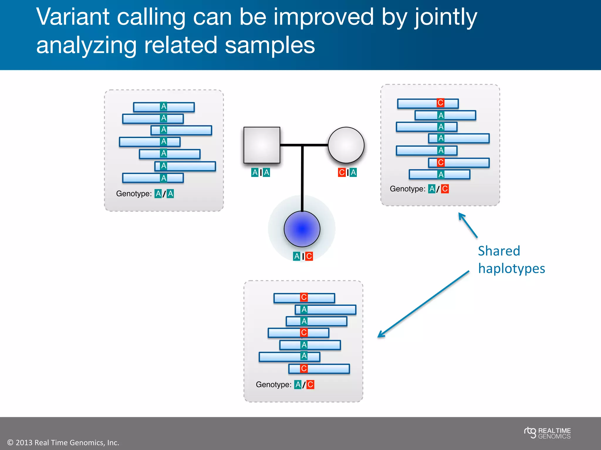 ©	
  2013	
  Real	
  Time	
  Genomics,	
  Inc.	
  	
  
C
AA
A
A
A
A
A
A
A
A
A
A
A A/Genotype:
A A
CA
C
C
A
A
A
A
A /Genotype: C
C
A /Genotype:
AC
C
C
|
||
Variant calling can be improved by jointly
analyzing related samples
Shared	
  
haplotypes	
  
 