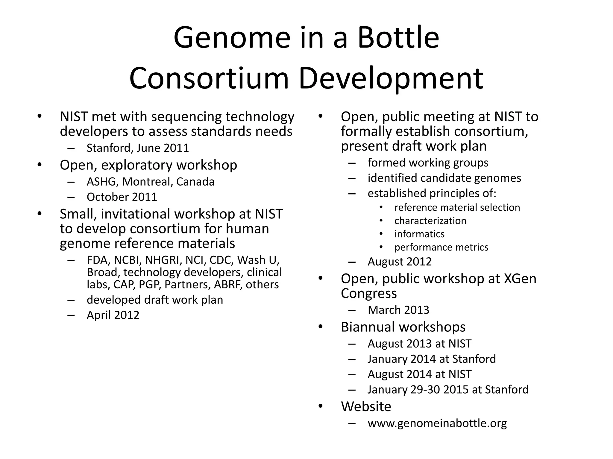 Genome in a Bottle
Consortium Development
• NIST met with sequencing technology
developers to assess standards needs
– Stanford, June 2011
• Open, exploratory workshop
– ASHG, Montreal, Canada
– October 2011
• Small, invitational workshop at NIST
to develop consortium for human
genome reference materials
– FDA, NCBI, NHGRI, NCI, CDC, Wash U,
Broad, technology developers, clinical
labs, CAP, PGP, Partners, ABRF, others
– developed draft work plan
– April 2012
• Open, public meeting at NIST to
formally establish consortium,
present draft work plan
– formed working groups
– identified candidate genomes
– established principles of:
• reference material selection
• characterization
• informatics
• performance metrics
– August 2012
• Open, public workshop at XGen
Congress
– March 2013
• Biannual workshops
– August 2013 at NIST
– January 2014 at Stanford
– August 2014 at NIST
– January 29-30 2015 at Stanford
• Website
– www.genomeinabottle.org
 