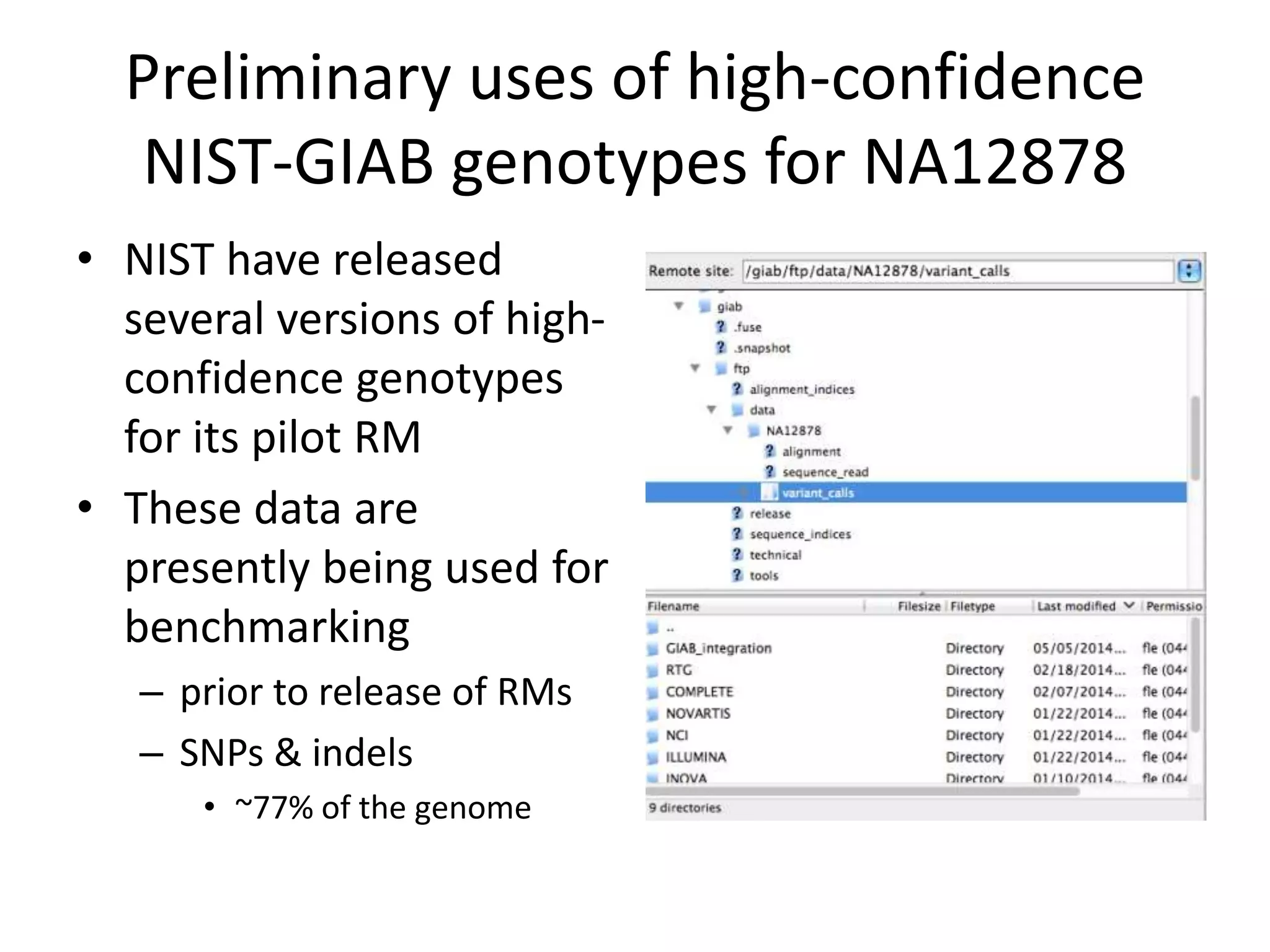 Preliminary uses of high-confidence
NIST-GIAB genotypes for NA12878
• NIST have released
several versions of high-
confidence genotypes
for its pilot RM
• These data are
presently being used for
benchmarking
– prior to release of RMs
– SNPs & indels
• ~77% of the genome
 
