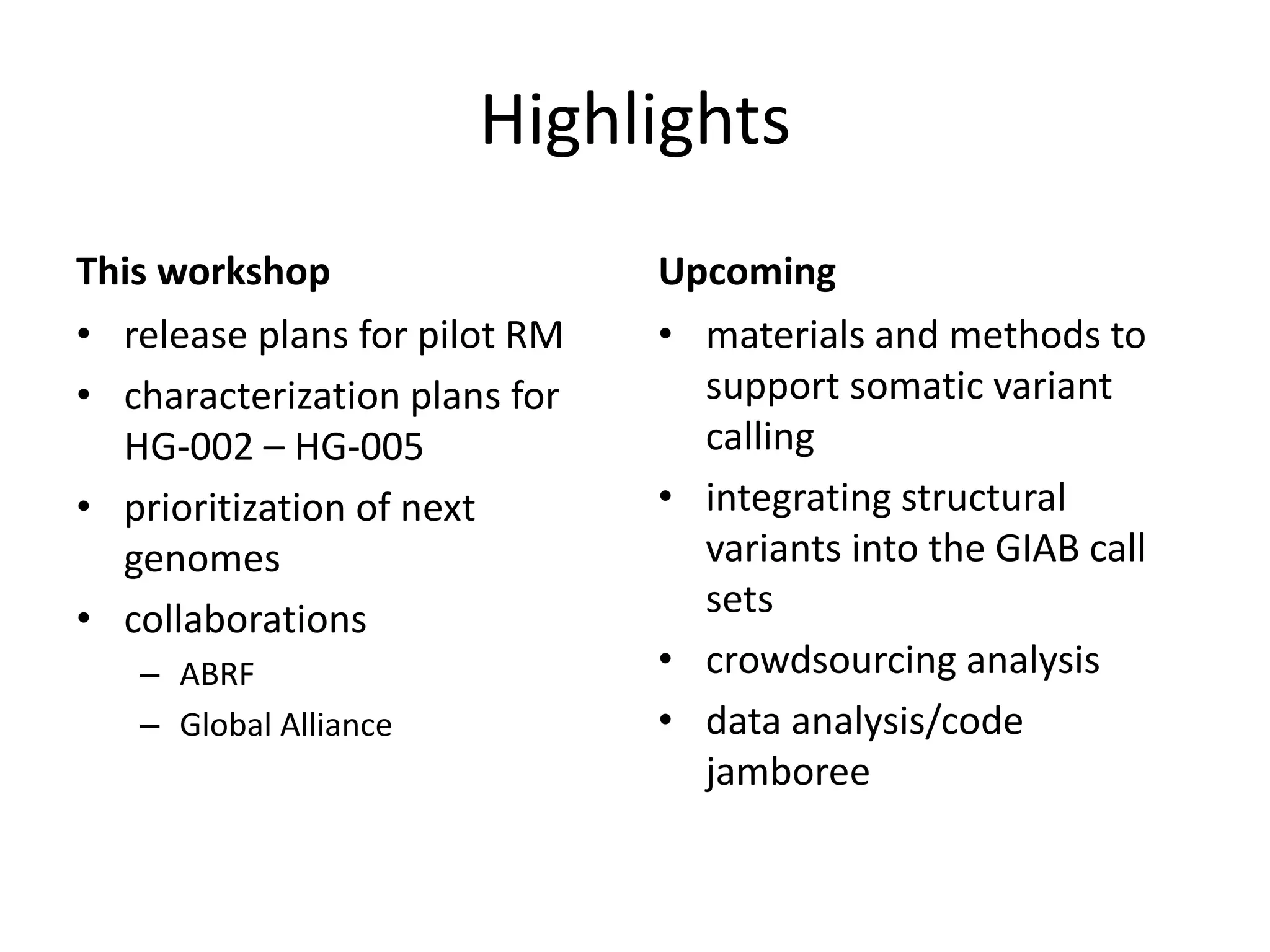 Highlights
This workshop
• release plans for pilot RM
• characterization plans for
HG-002 – HG-005
• prioritization of next
genomes
• collaborations
– ABRF
– Global Alliance
Upcoming
• materials and methods to
support somatic variant
calling
• integrating structural
variants into the GIAB call
sets
• crowdsourcing analysis
• data analysis/code
jamboree
 