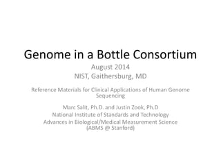 Genome in a Bottle Consortium
August 2014
NIST, Gaithersburg, MD
Reference Materials for Clinical Applications of Human Genome
Sequencing
Marc Salit, Ph.D. and Justin Zook, Ph.D
National Institute of Standards and Technology
Advances in Biological/Medical Measurement Science
(ABMS @ Stanford)
 