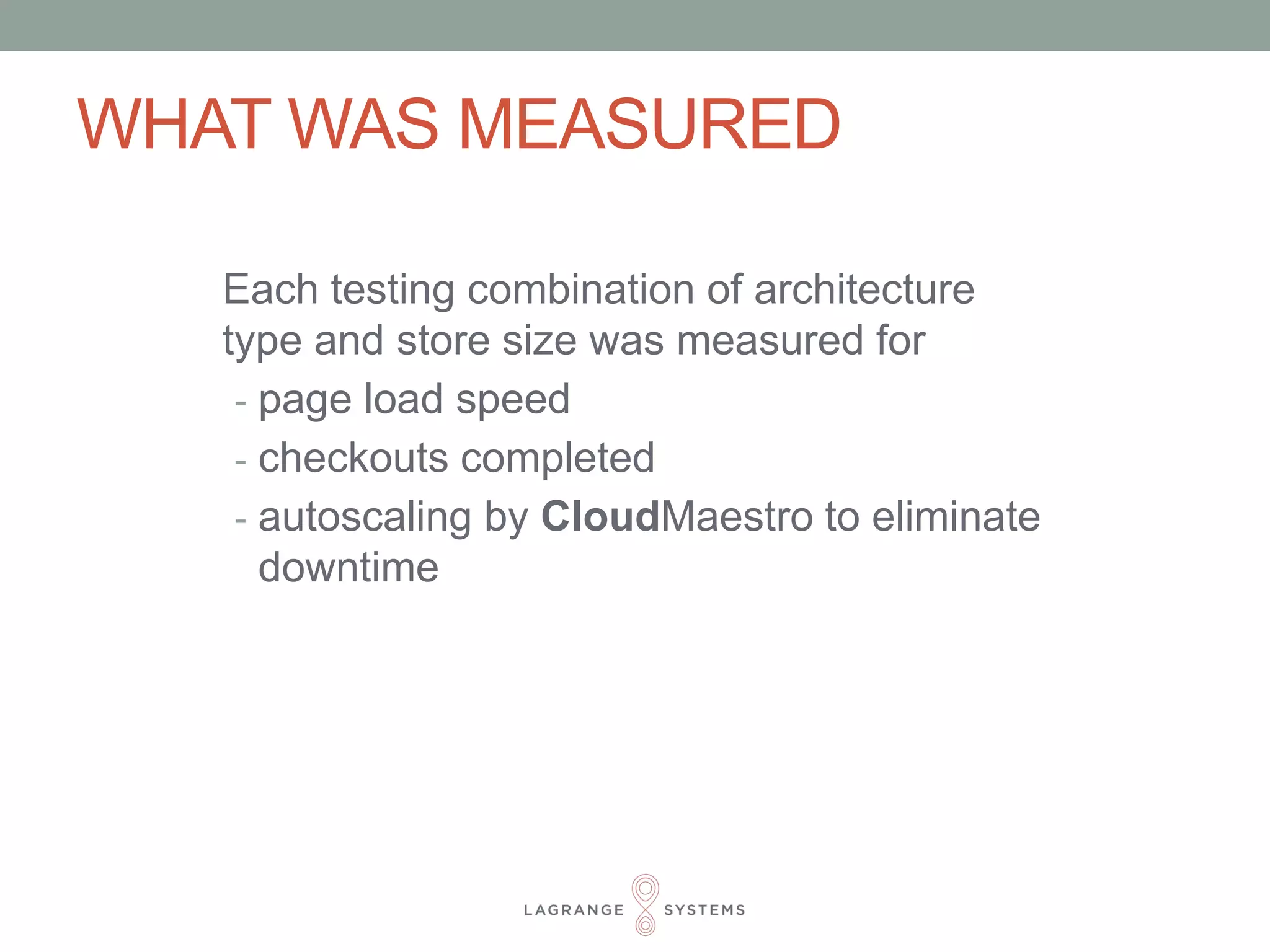 WHAT WAS MEASURED 
Each testing combination of architecture 
type and store size was measured for 
- page load speed 
- checkouts completed 
- autoscaling by CloudMaestro to eliminate 
downtime 
 