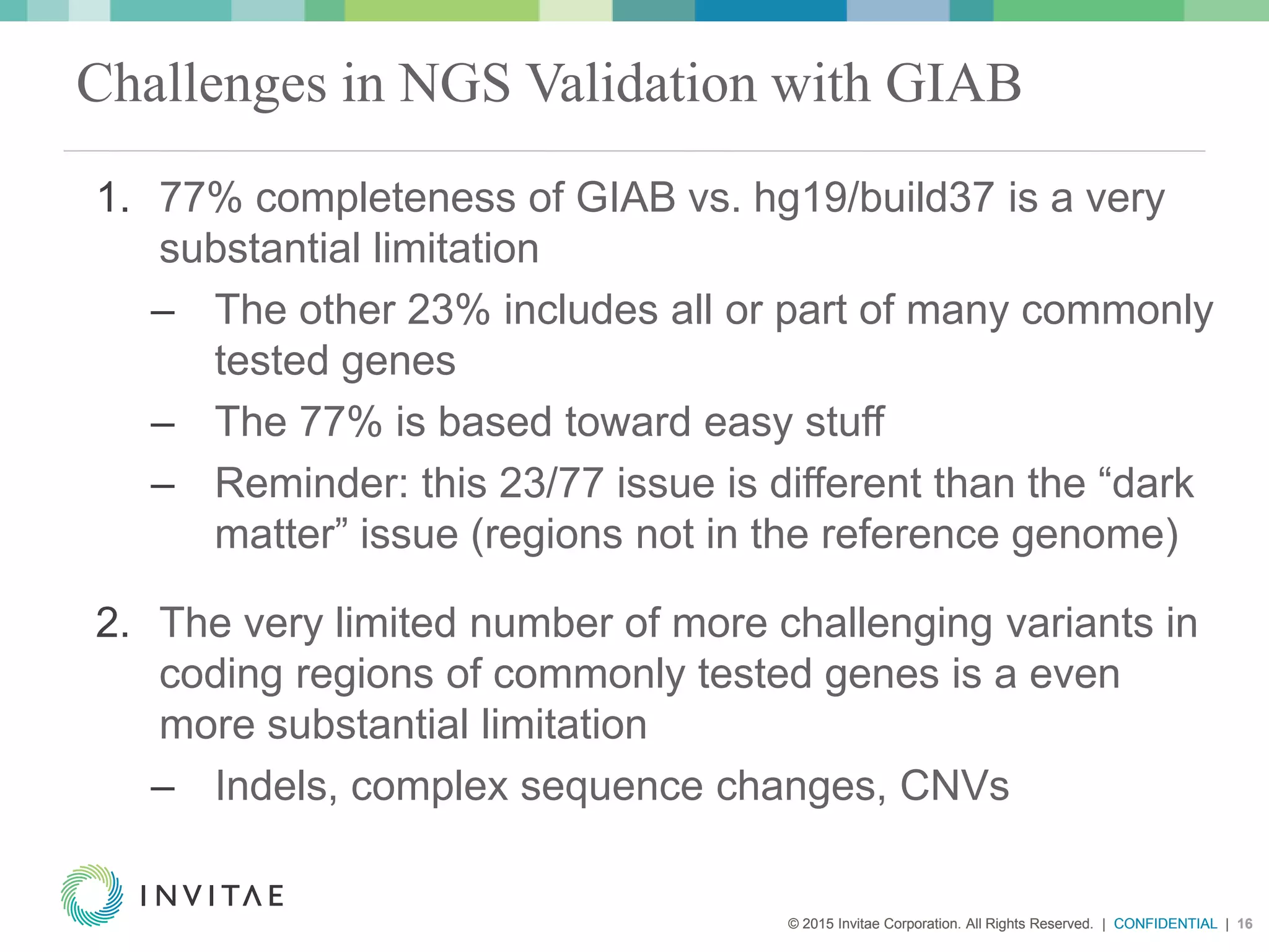 © 2015 Invitae Corporation. All Rights Reserved. | CONFIDENTIAL | 16© 2015 Invitae Corporation. All Rights Reserved. | CONFIDENTIAL | 16
Challenges in NGS Validation with GIAB
1. 77% completeness of GIAB vs. hg19/build37 is a very
substantial limitation
– The other 23% includes all or part of many commonly
tested genes
– The 77% is based toward easy stuff
– Reminder: this 23/77 issue is different than the “dark
matter” issue (regions not in the reference genome)
2. The very limited number of more challenging variants in
coding regions of commonly tested genes is a even
more substantial limitation
– Indels, complex sequence changes, CNVs
 