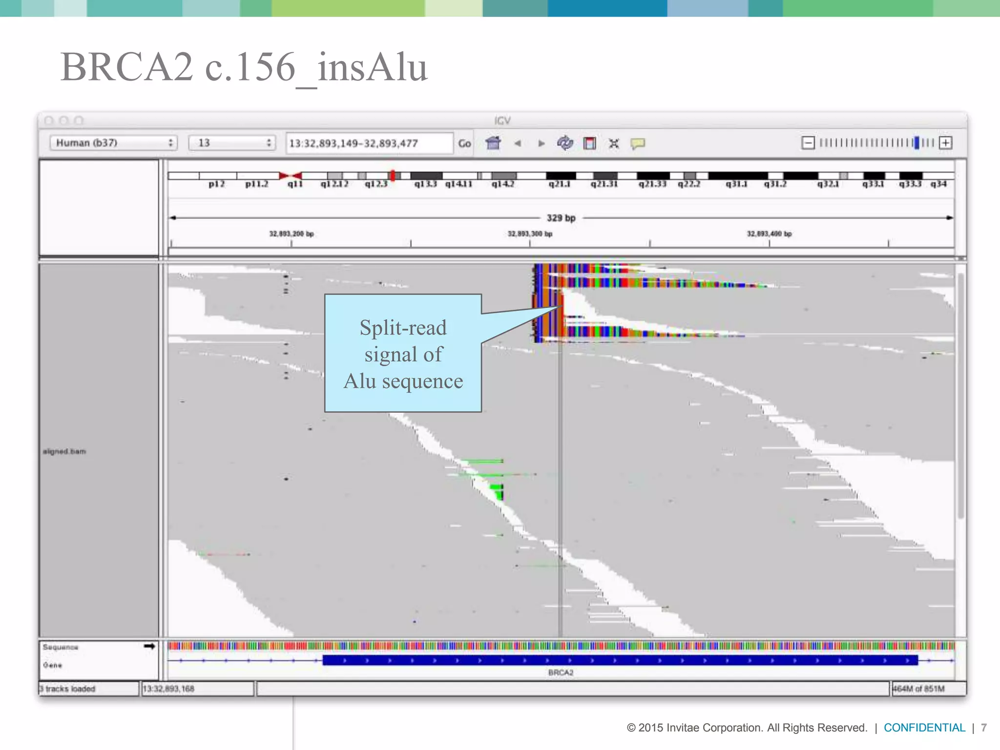 © 2015 Invitae Corporation. All Rights Reserved. | CONFIDENTIAL | 7© 2015 Invitae Corporation. All Rights Reserved. | CONFIDENTIAL | 7
BRCA2 c.156_insAlu
Split-read
signal of
Alu sequence
 