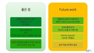 좋은 점
마음놓고 따라할 수 있는
믿을만한 도구
(국제표준)
맞는지 틀리는지
또는
부족한 부분이 있는지 검증할 기준이 됨
다양한 방법론을 공통의 언어로 표현 후
서로 비교하는 것이 가능
Future work
계획대비 실적과 지연여부가
표현이 안됨 (Project관리관점)
실제상황에 맞게
체크리스트를 추가해야 함
Activity Space도
JIRA에 구현필요
실제 적용사례 확보 필요
 