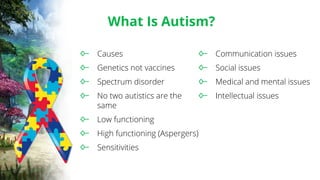 What Is Autism?
Causes
Genetics not vaccines
Spectrum disorder
No two autistics are the
same
Low functioning
High functioning (Aspergers)
Sensitivities
Communication issues
Social issues
Medical and mental issues
Intellectual issues
 