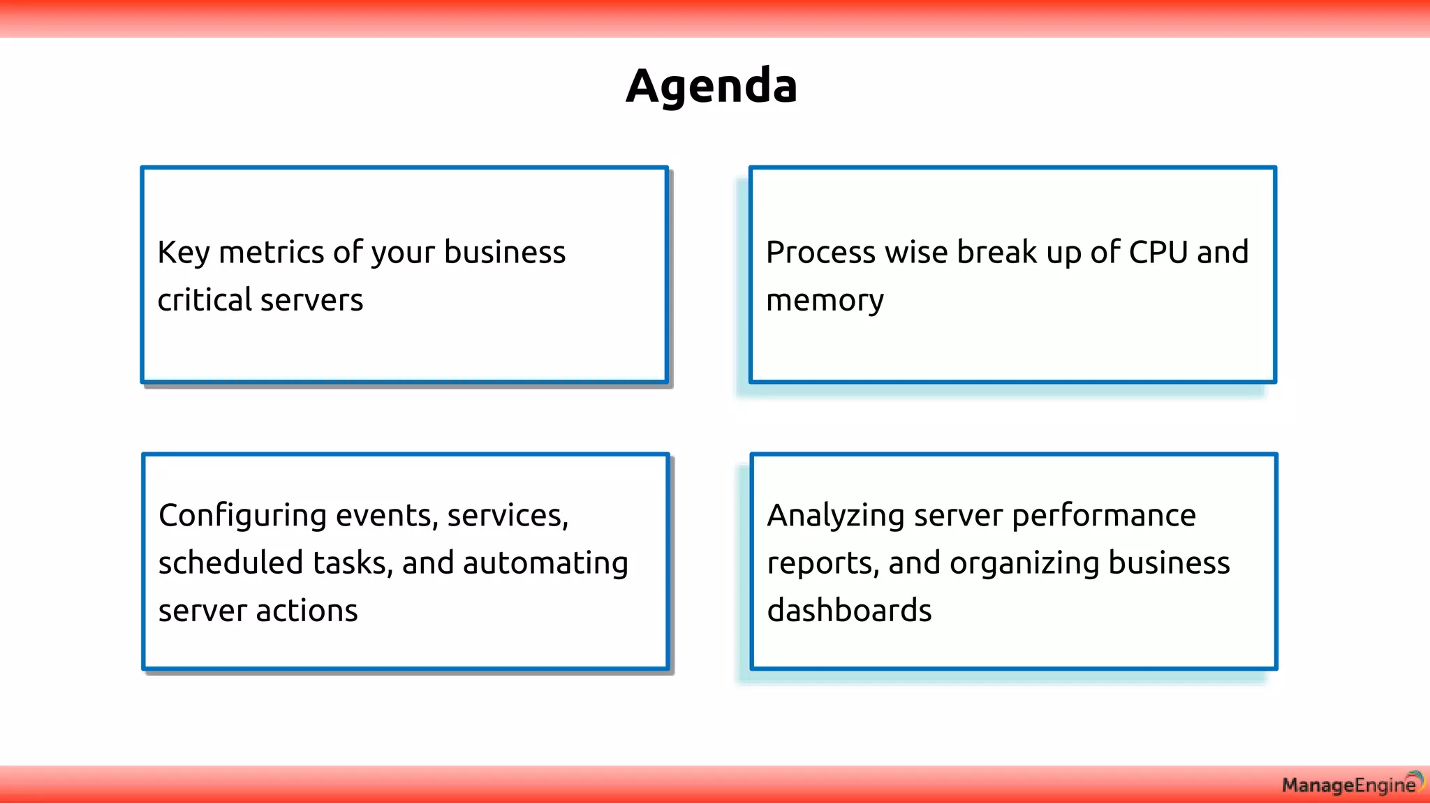Agenda
Process wise break up of CPU and
memory
Key metrics of your business
critical servers
Configuring events, services,
scheduled tasks, and automating
server actions
Analyzing server performance
reports, and organizing business
dashboards
 