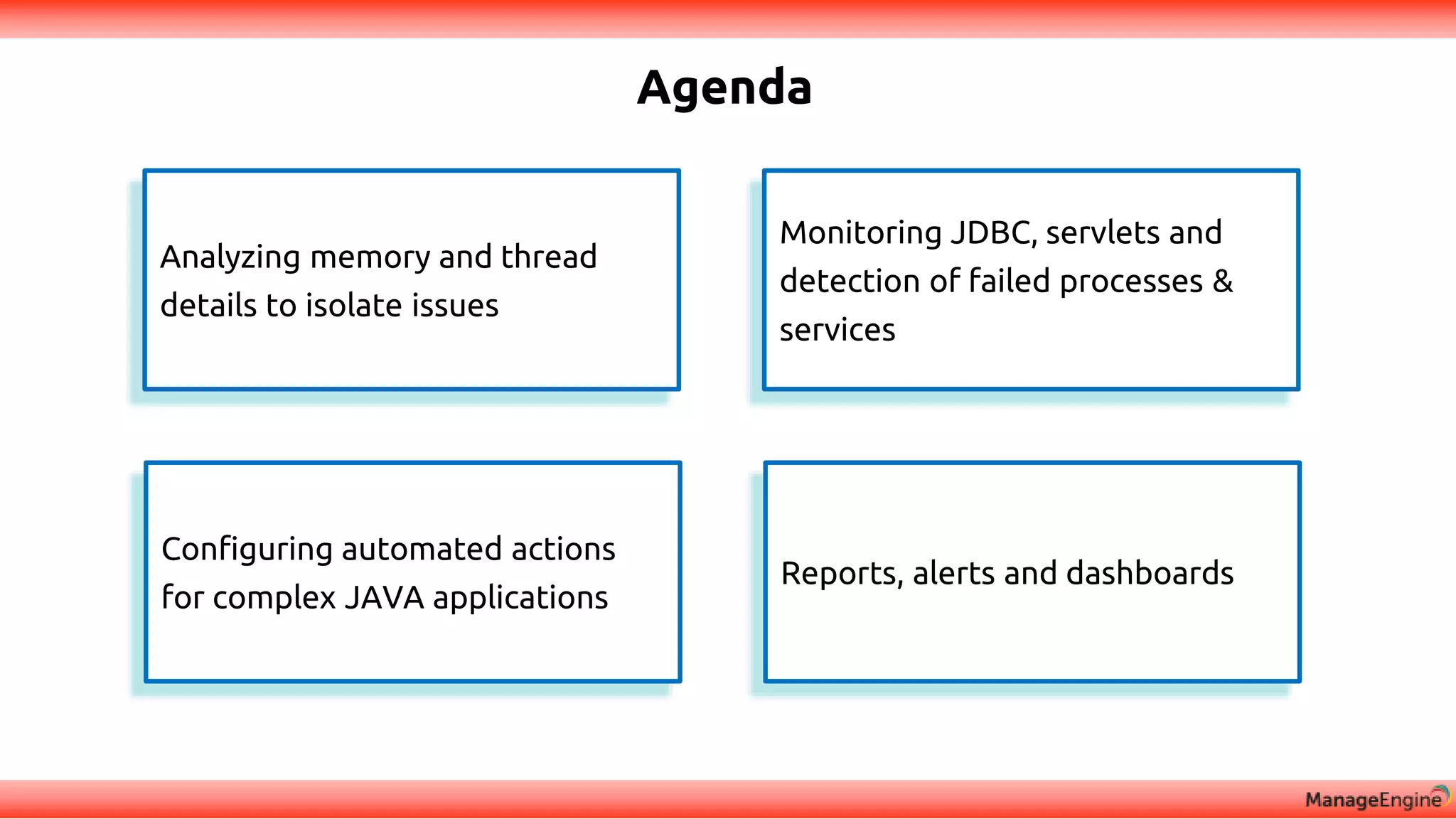 Agenda
Monitoring JDBC, servlets and
detection of failed processes &
services
Analyzing memory and thread
details to isolate issues
Configuring automated actions
for complex JAVA applications
Reports, alerts and dashboards
 