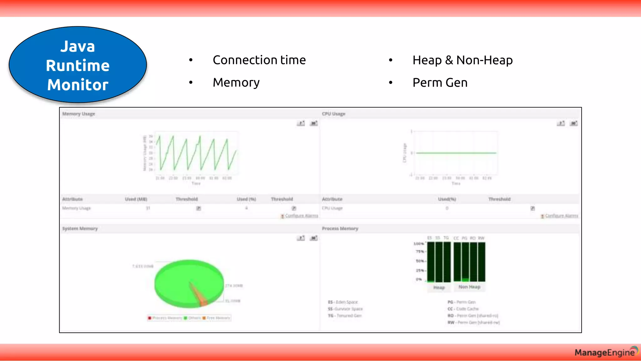 • Connection time
• Memory
• Heap & Non-Heap
• Perm Gen
Java
Runtime
Monitor
 