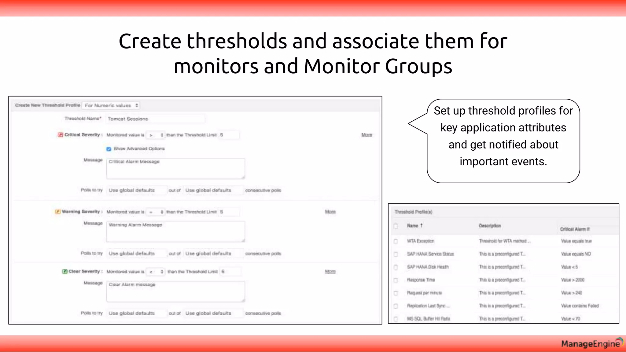 Create thresholds and associate them for
monitors and Monitor Groups
Set up threshold profiles for
key application attributes
and get notified about
important events.
 