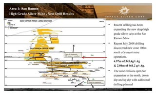14
Area 1: San Ramon
High Grade Silver Mine , New Drill Results
• Recent drilling has been
expanding the new deep high
grade silver vein at the San
Ramon Mine
• Recent July 2018 drilling
discovered new zone 100m
south of current mine
operations.
4.97m of 345.4g/t Ag
& 2.04m of 661.2 g/t Ag.
• The zone remains open for
expansion to the north, down
dip and up dip with additional
drilling planned
Open for expansion
300 meters + to surface
Open for expansion
 